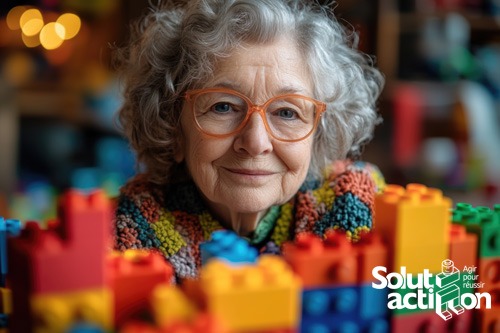 Mamie avec des briques LEGO DUPLO pour maintenir les fonctions cognitives